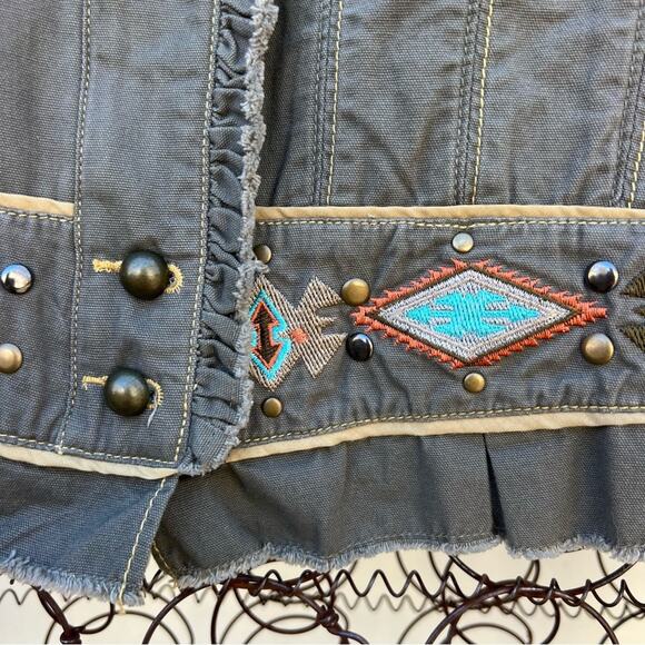 Miss Me Aztec Southwestern Stud Olive Canvas Military Jacket Ruffles LARGE - Picture 3 of 12